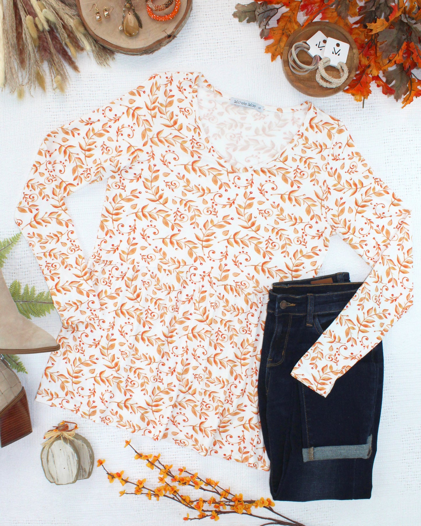 Michelle Mae Long Sleeve Sarah Ruffle Top - Autumn Vines