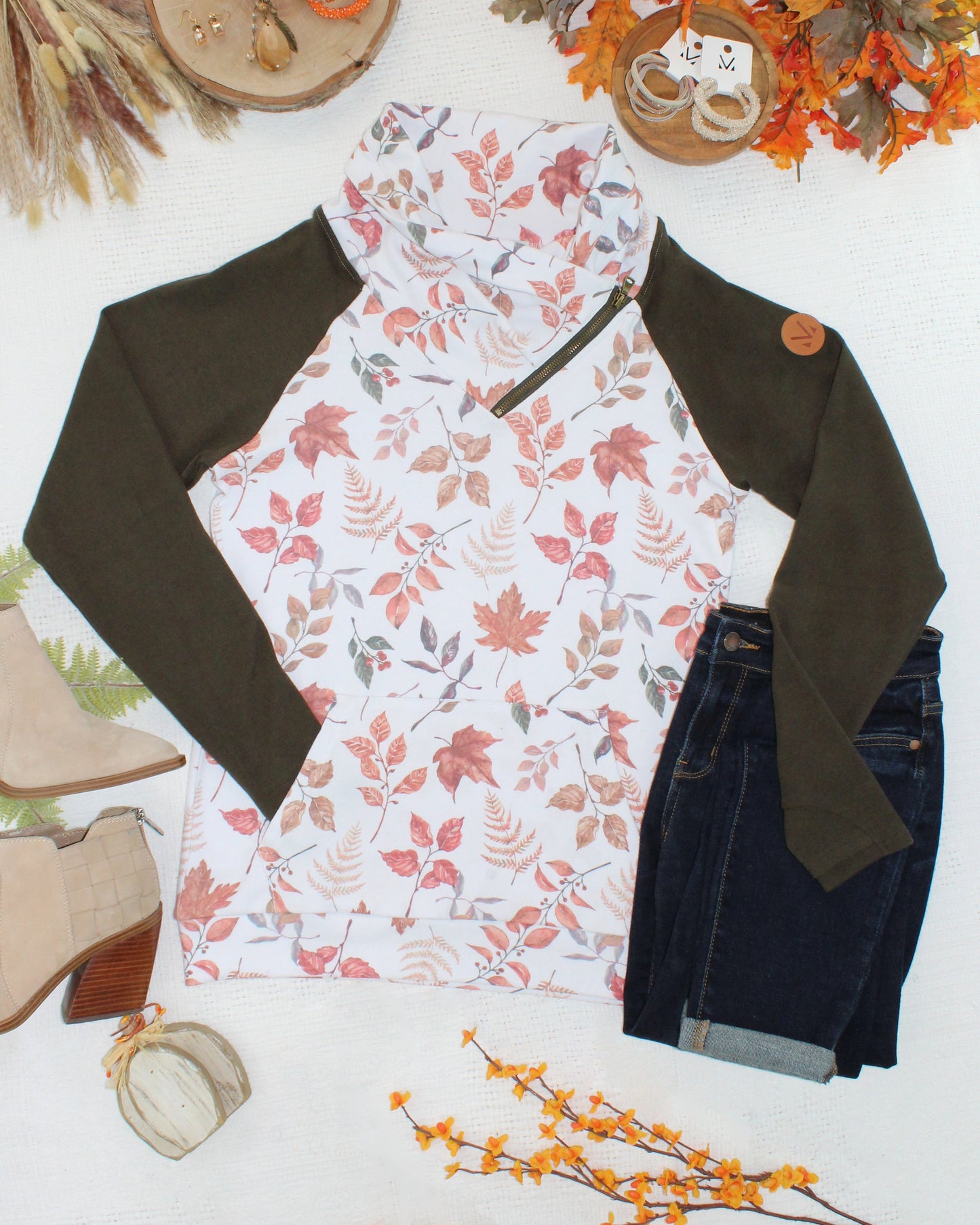 Michelle Mae Classic Zoey ZipCowl Sweatshirt - Autumn Leaves and Olive
