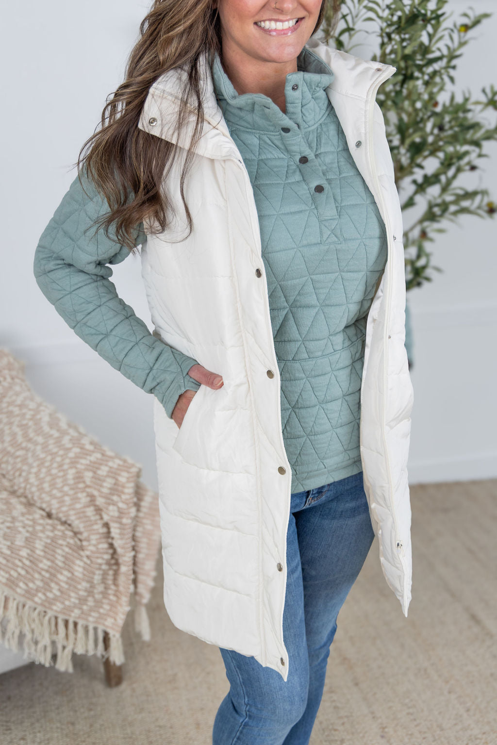 Michelle Mae Harlow Long Vest - Cream