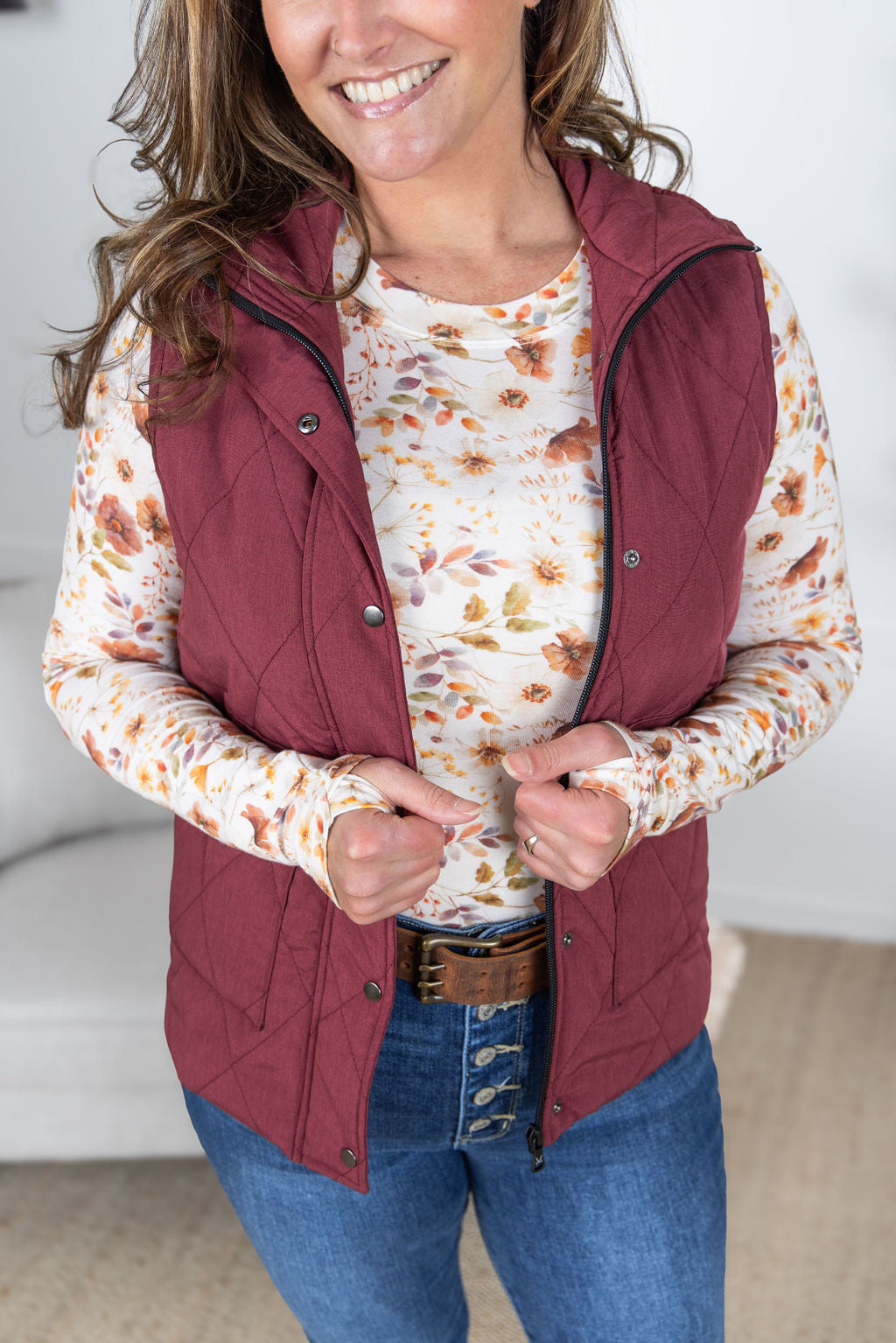 Michelle Mae Remy Zip Up Vest - Heathered Burgundy