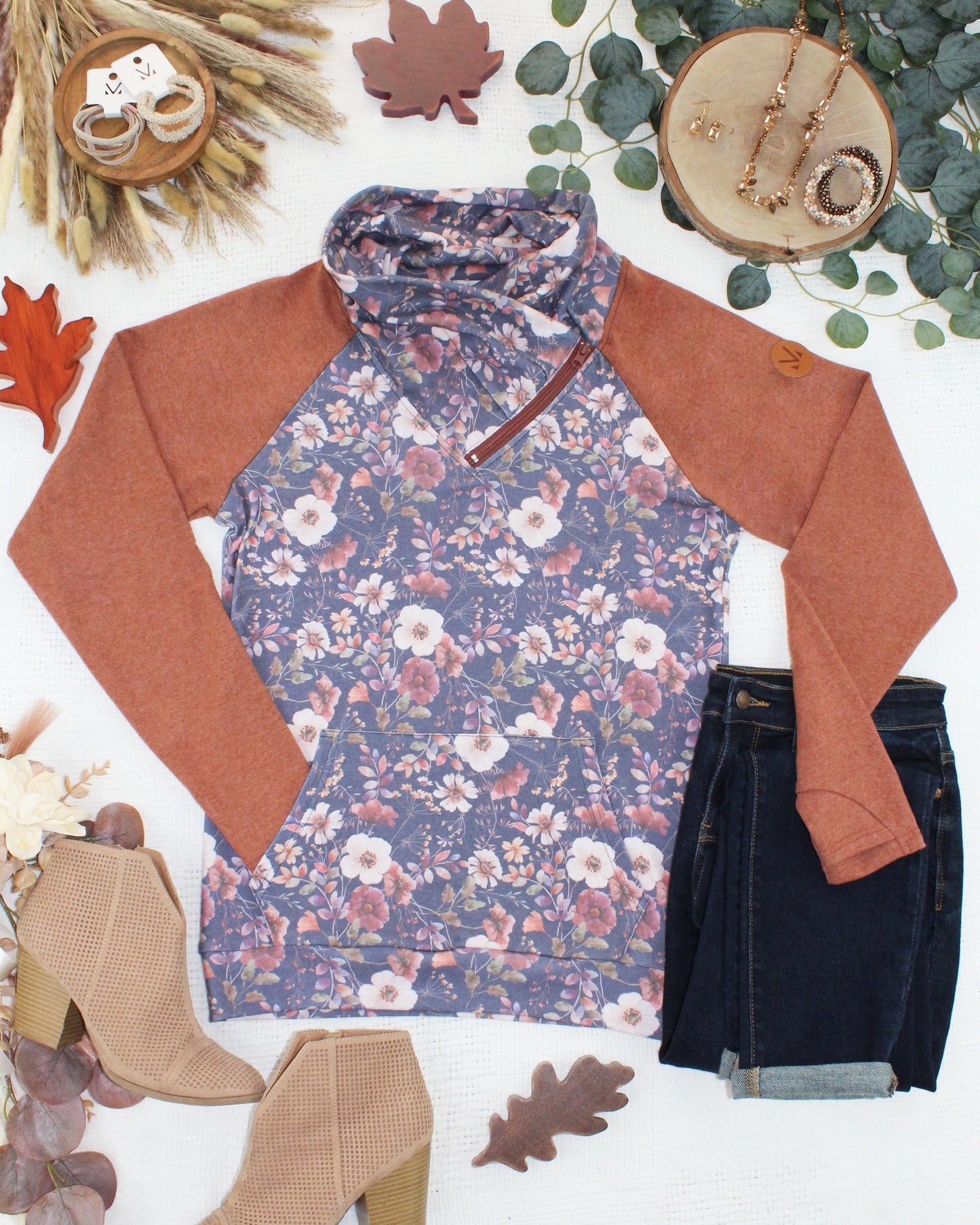 Michelle Mae Classic Zoey ZipCowl Sweatshirt - Blushwood Floral and Terra Cotta