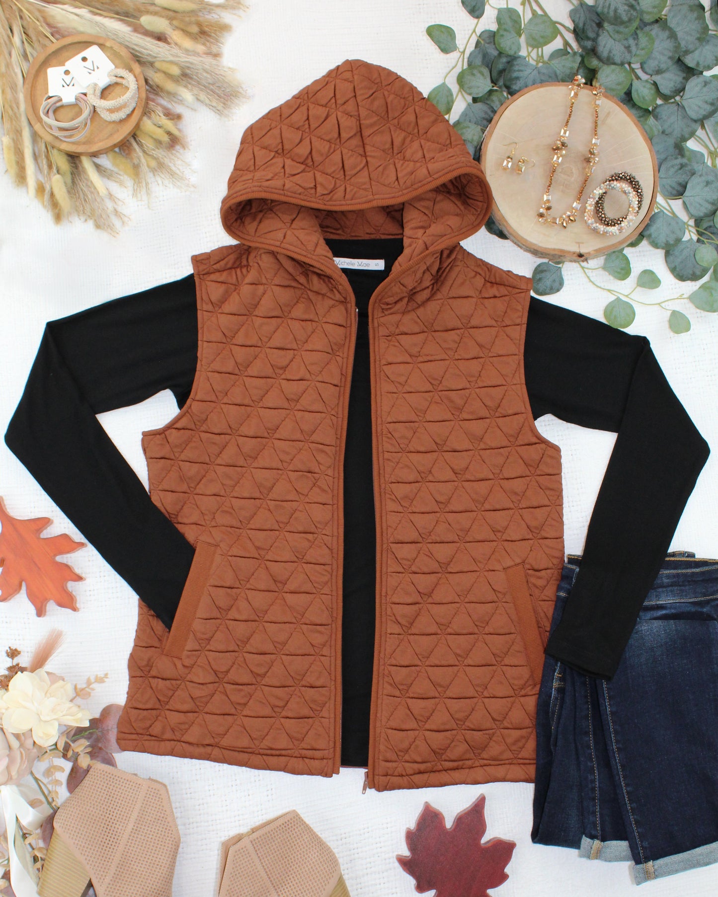 Michelle Mae Heather Geometric Hooded Vest - Rust