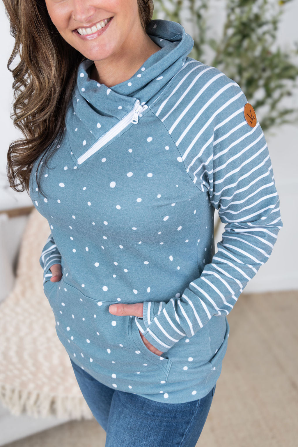 Michelle Mae Zoey ZipCowl Sweatshirt - Teal Dots and Stripes