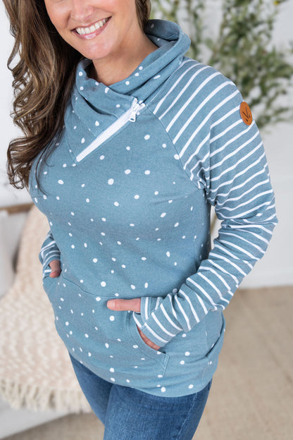 Michelle Mae Zoey ZipCowl Sweatshirt - Teal Dots and Stripes