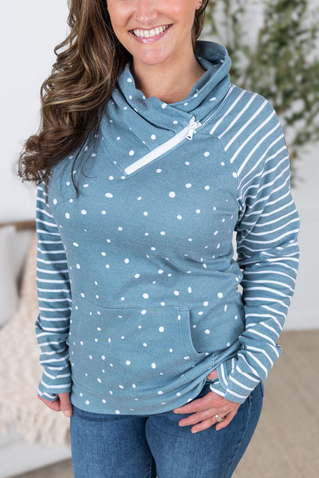 Michelle Mae Zoey ZipCowl Sweatshirt - Teal Dots and Stripes