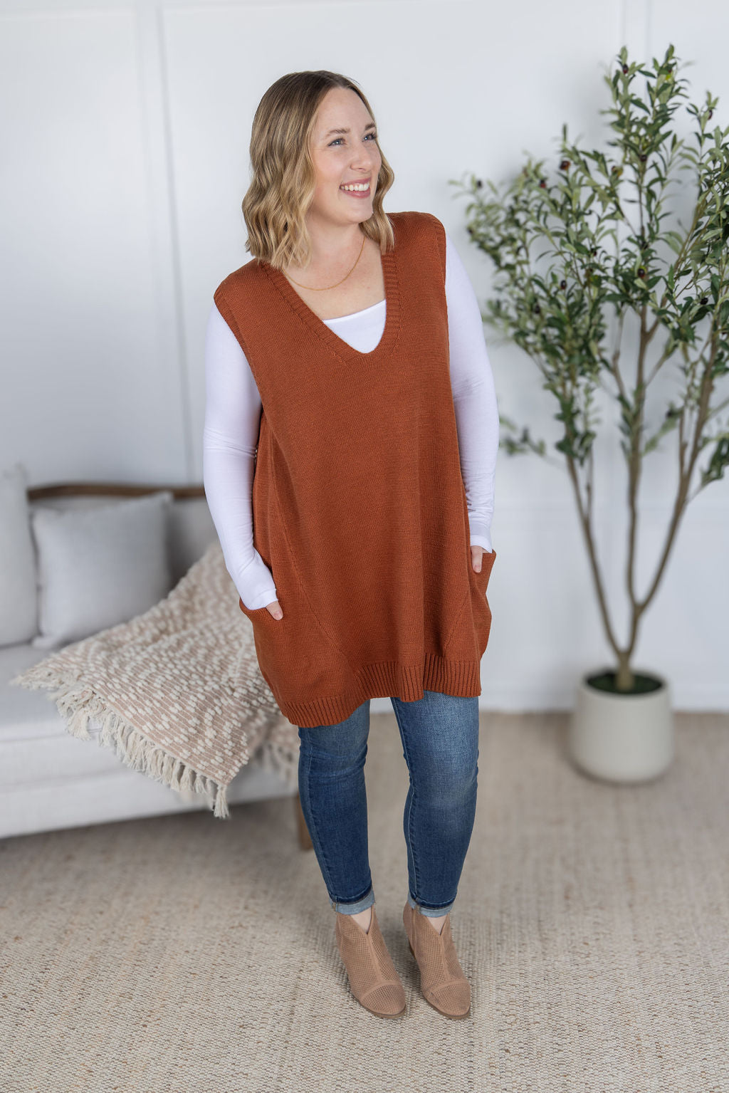 Michelle Mae Tunic Sweater Vest - Rust