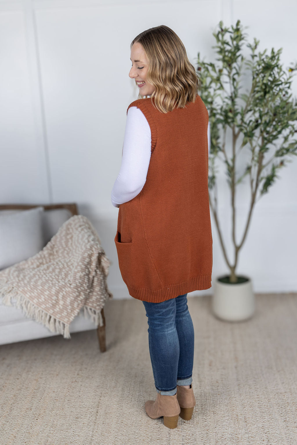 Michelle Mae Tunic Sweater Vest - Rust