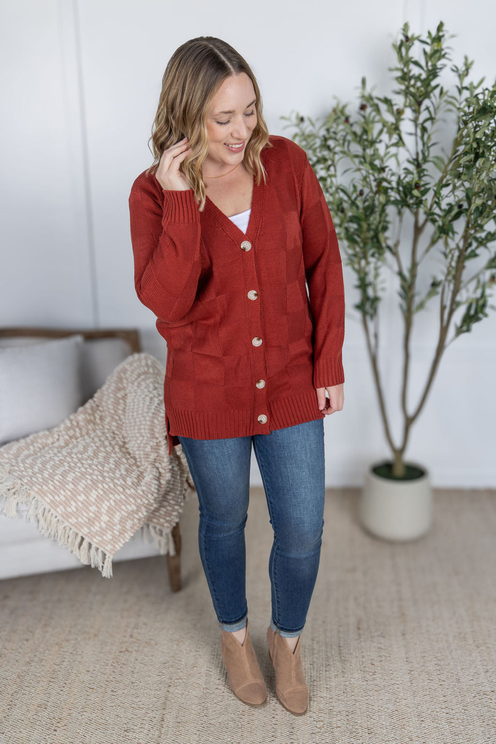 Michelle Mae Chelsea Checkered Cardigan - Brick