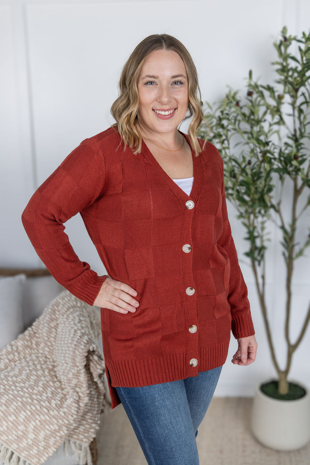 Michelle Mae Chelsea Checkered Cardigan - Brick