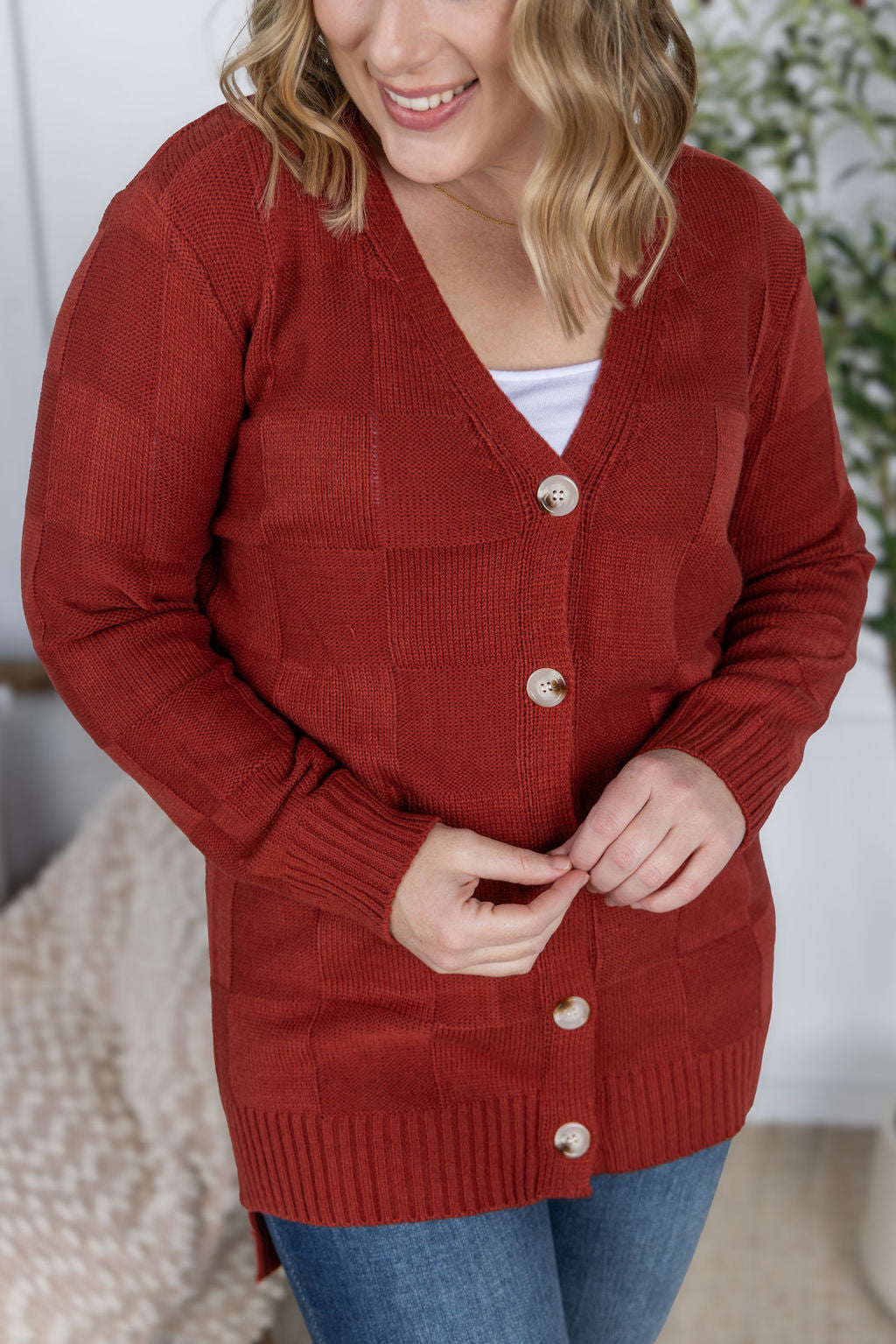 Michelle Mae Chelsea Checkered Cardigan - Brick
