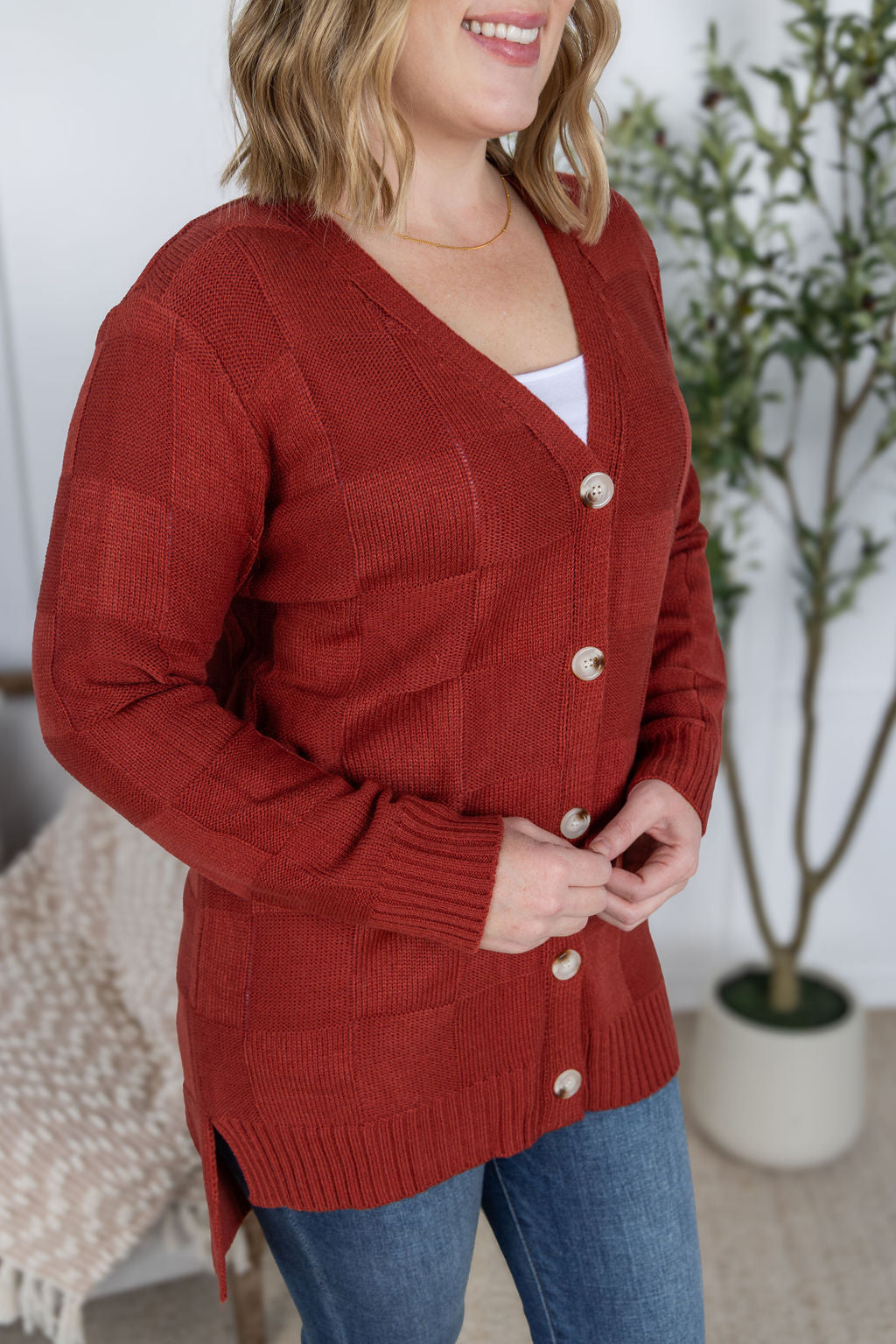 Michelle Mae Chelsea Checkered Cardigan - Brick