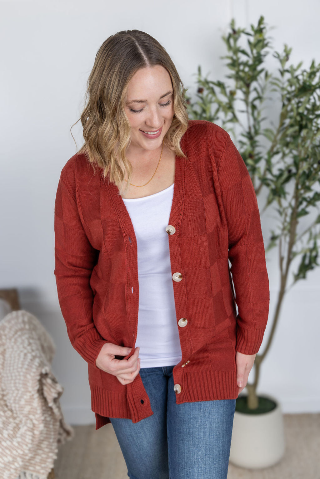 Michelle Mae Chelsea Checkered Cardigan - Brick