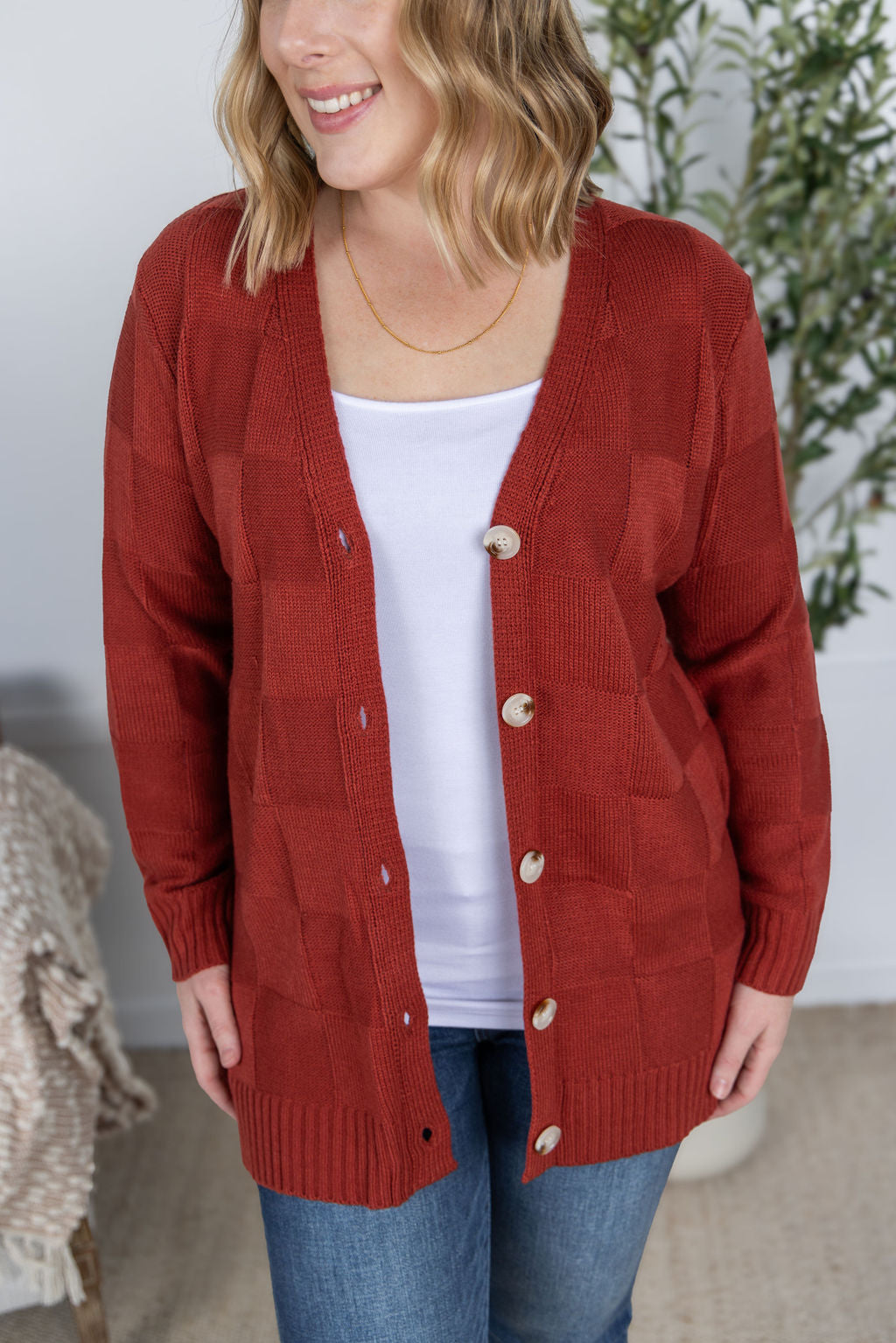 Michelle Mae Chelsea Checkered Cardigan - Brick
