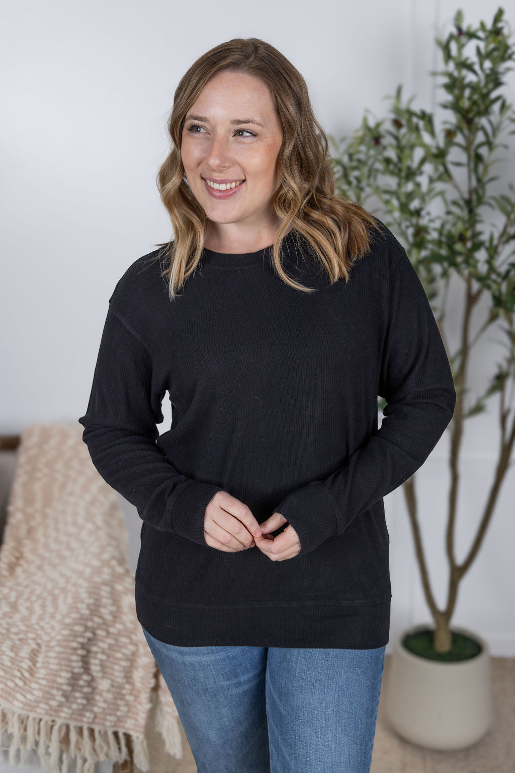 Michelle Mae Corrine Ribbed Pullover Top - Black