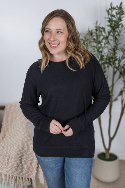 Michelle Mae Corrine Ribbed Pullover Top - Black