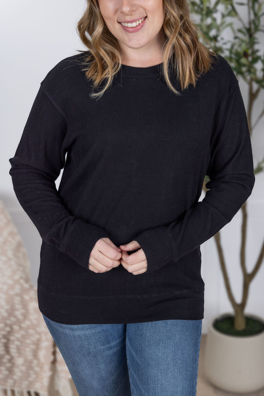 Michelle Mae Corrine Ribbed Pullover Top - Black
