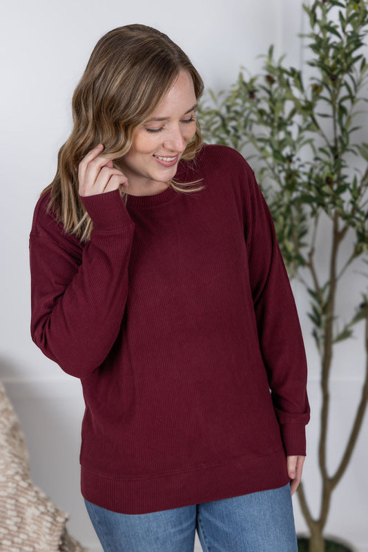 Michelle Mae Corrine Ribbed Pullover Top - Burgundy