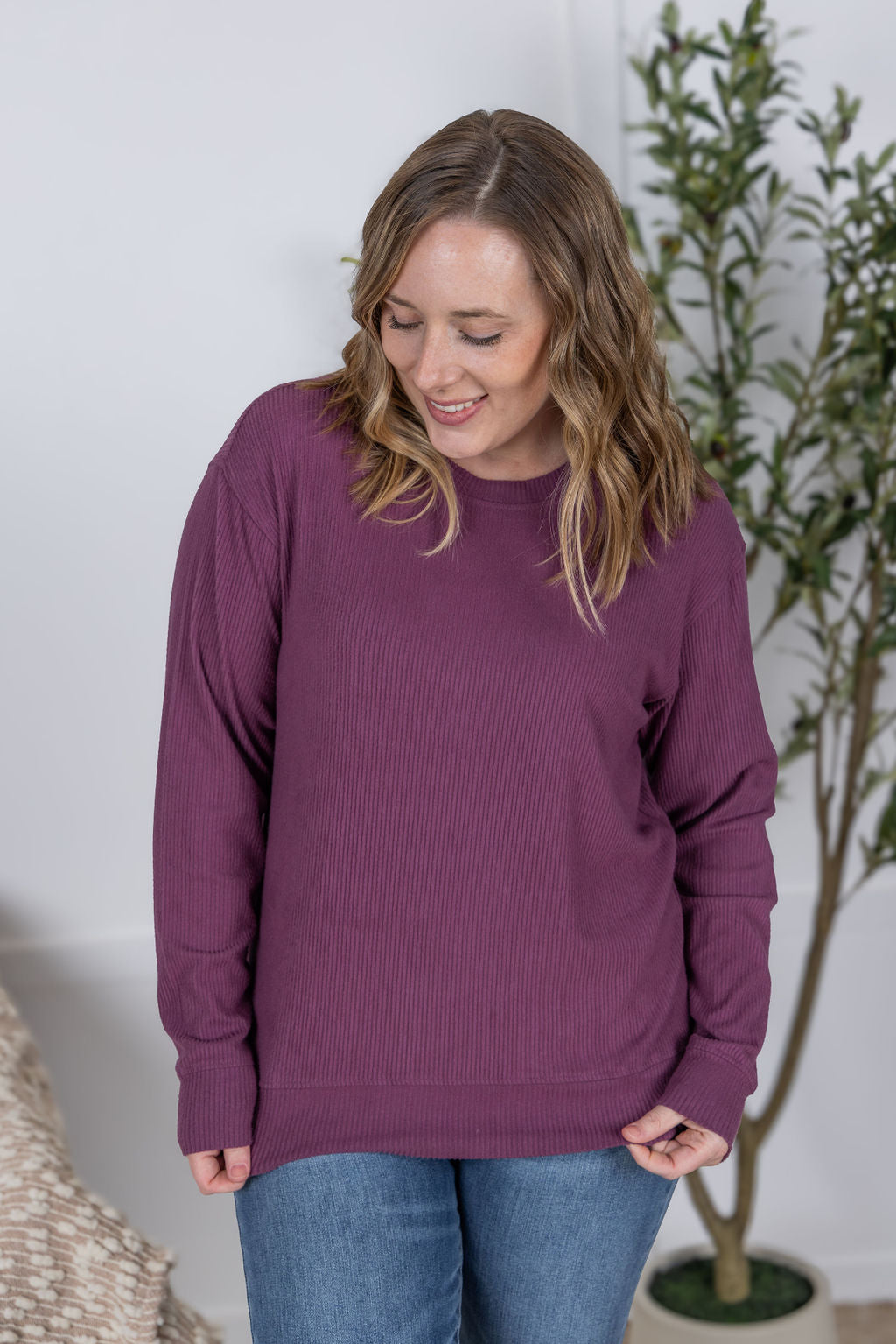 Michelle Mae Corrine Ribbed Pullover Top - Plum
