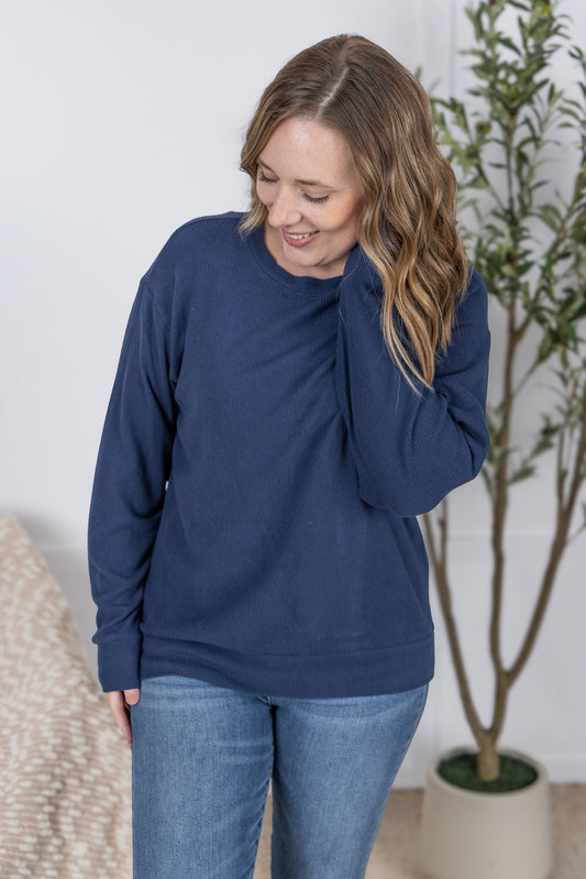 Michelle Mae Corrine Ribbed Pullover Top - Navy
