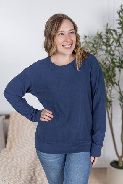 Michelle Mae Corrine Ribbed Pullover Top - Navy