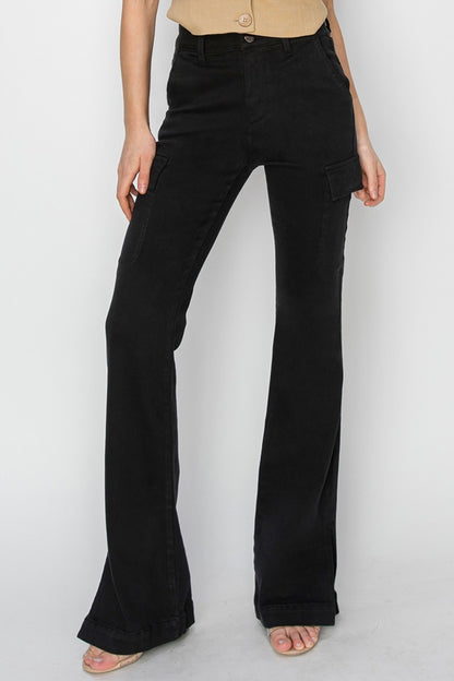 Black Cat Energy High Rise Side Slit Cargo Bootcut Jeans