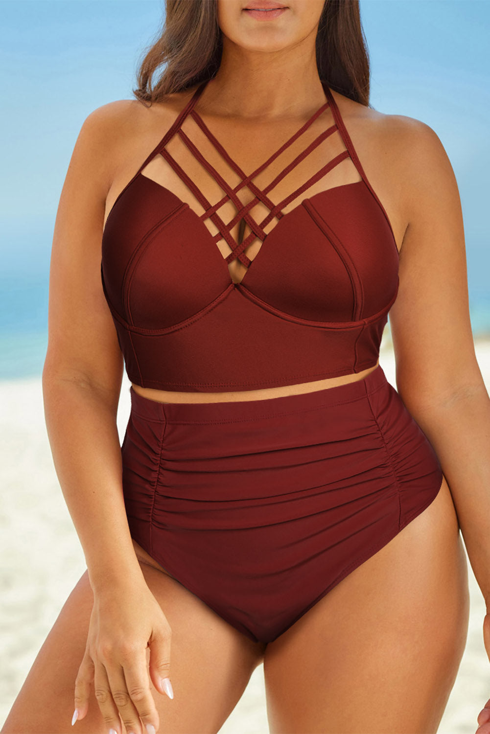 PREORDER: Halter Neck Crisscross Ruched Two-Piece Swimsuit