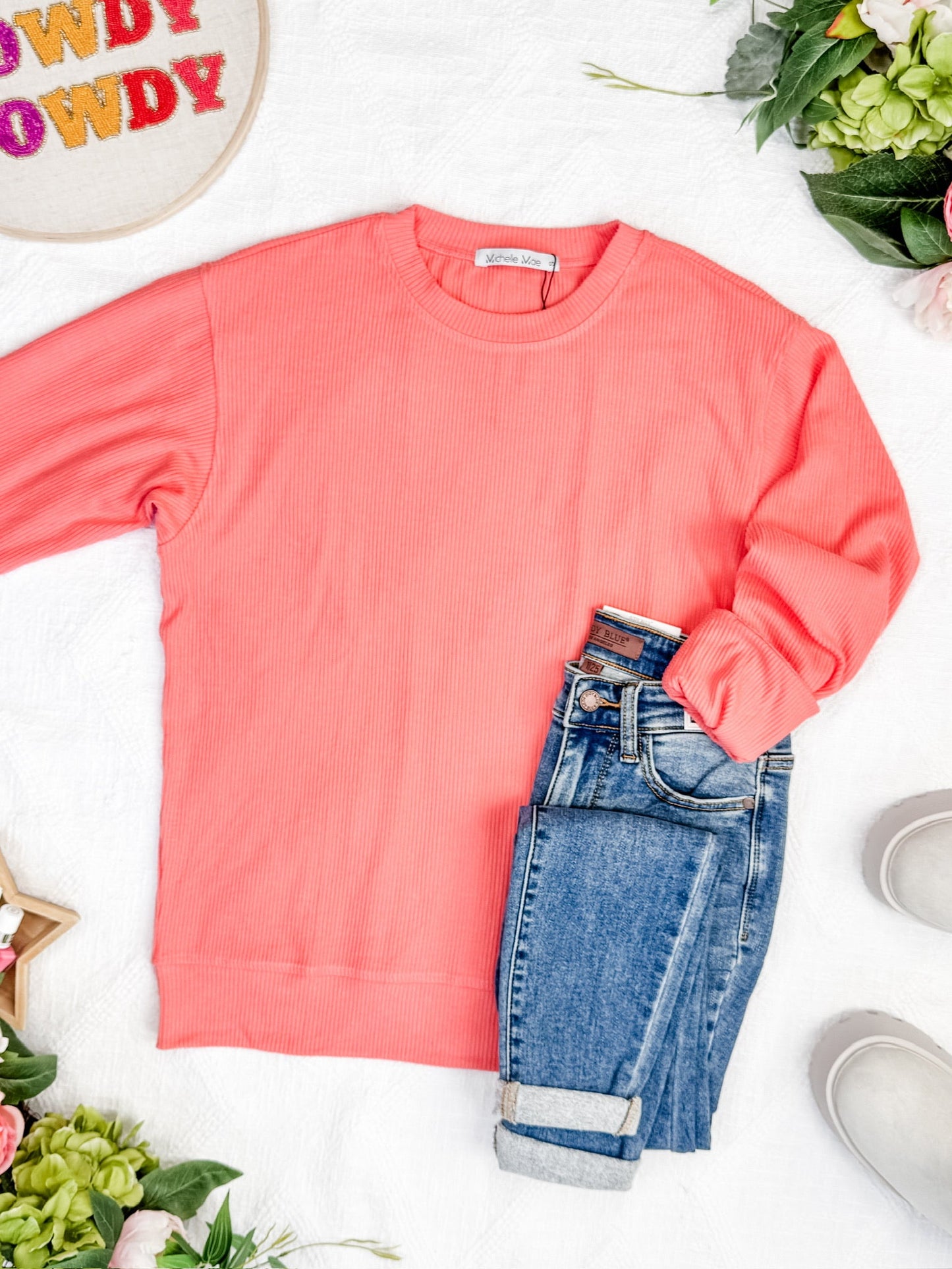 Michelle Mae Corrine Ribbed Pullover Top - Coral