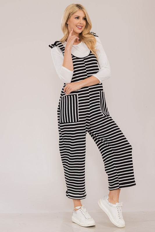 Striped Scoop Neck Pocket Overalls