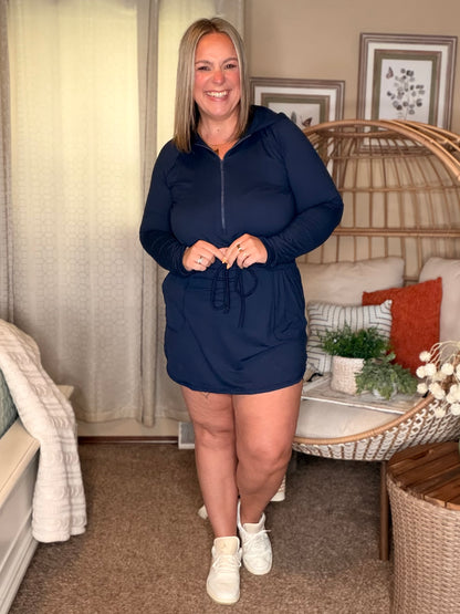 Getting Out Long Sleeve Hoodie Romper in Navy