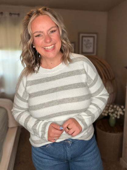 Michelle Mae Cozy Stripe Sweater - Grey and White