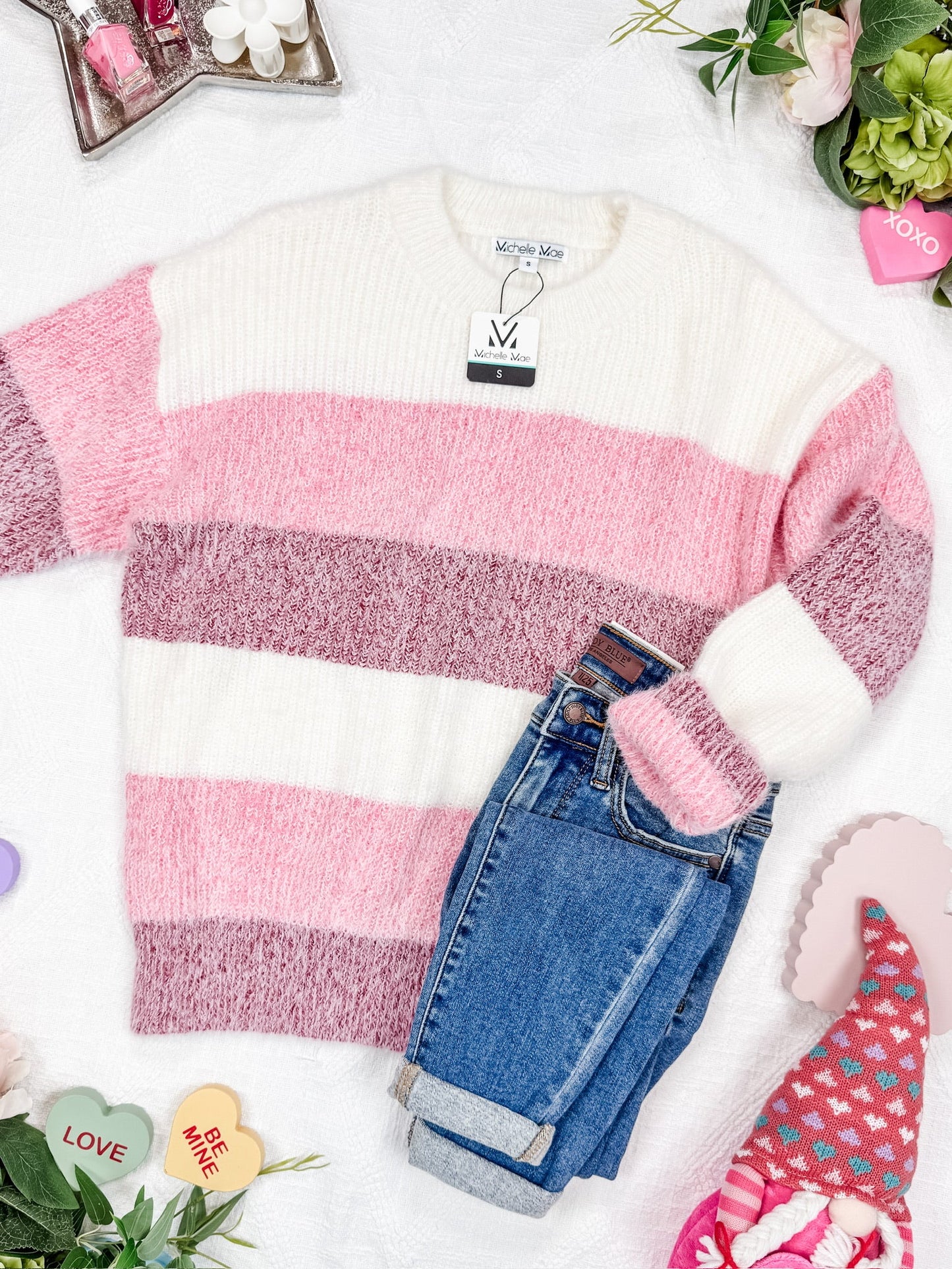 Michelle Mae Cozy Block Sweater - VDay Stripes