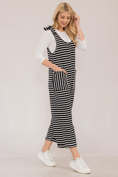 Striped Scoop Neck Pocket Overalls