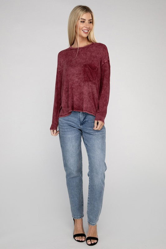 Washed Ribbed Dolman Sleeve Round Neck Top