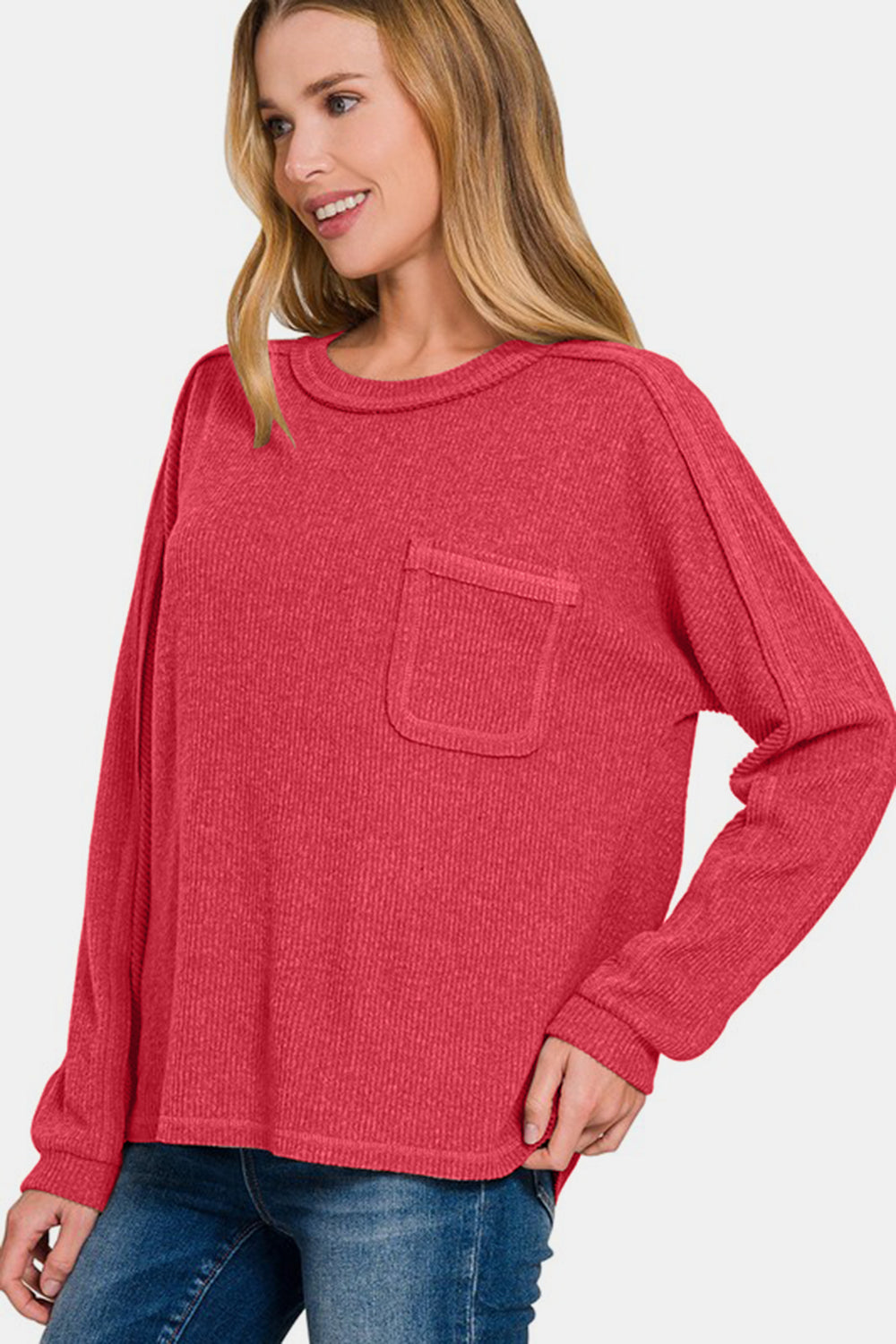 Cozy Contrast Knit Top- Red