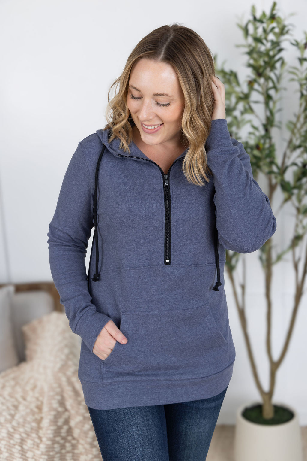 Michelle Mae Pixie Pocket Halfzip Hoodie - Heathered Navy