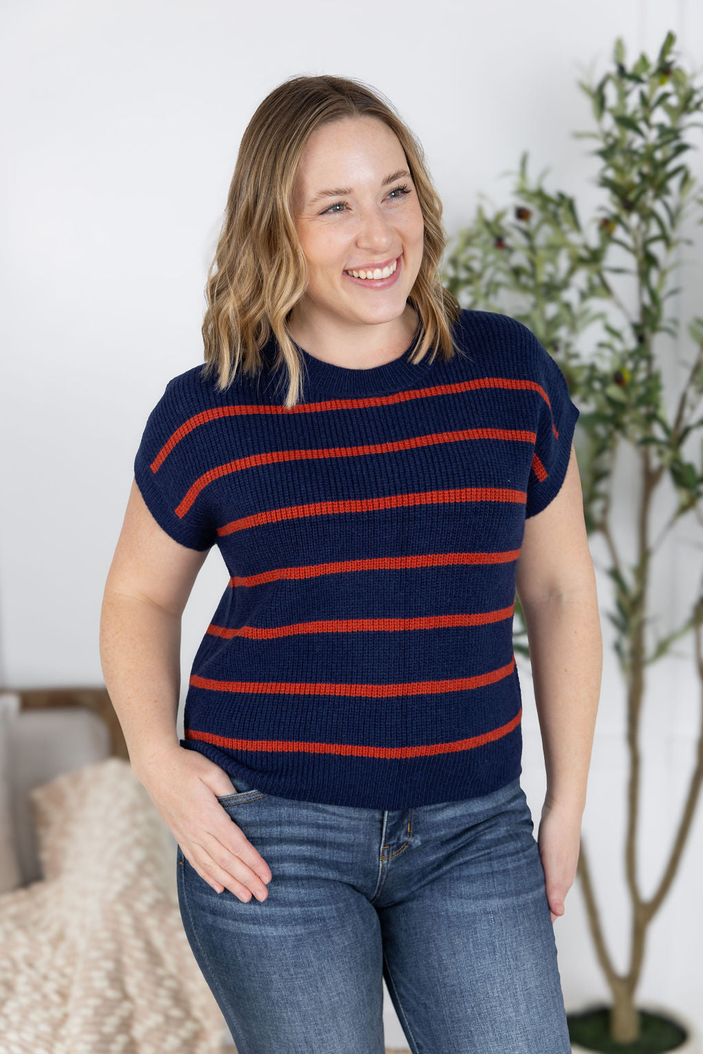 Michelle Mae Striped Sweater Top - Navy