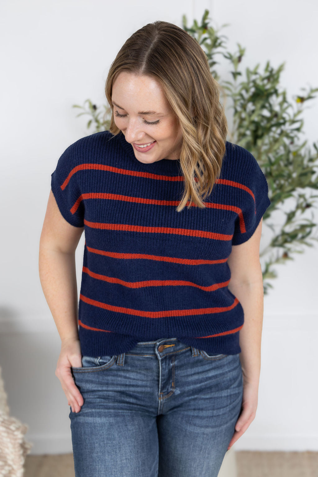 Michelle Mae Striped Sweater Top - Navy