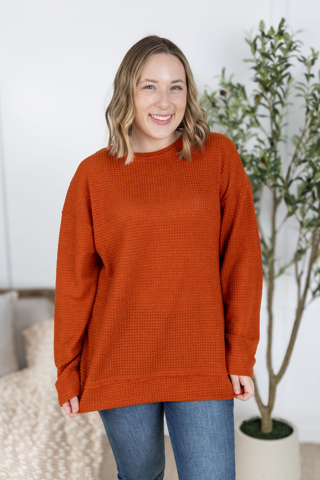 Michelle Mae Waffle Knit Long Sleeve Top - Pumpkin