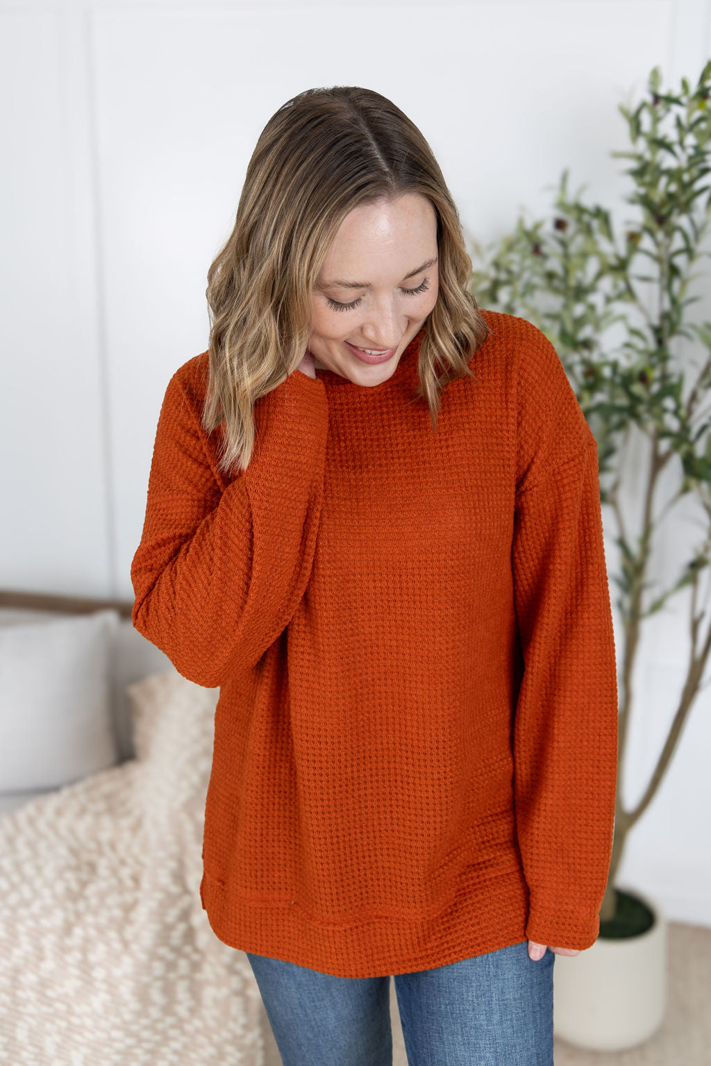 Michelle Mae Waffle Knit Long Sleeve Top - Pumpkin