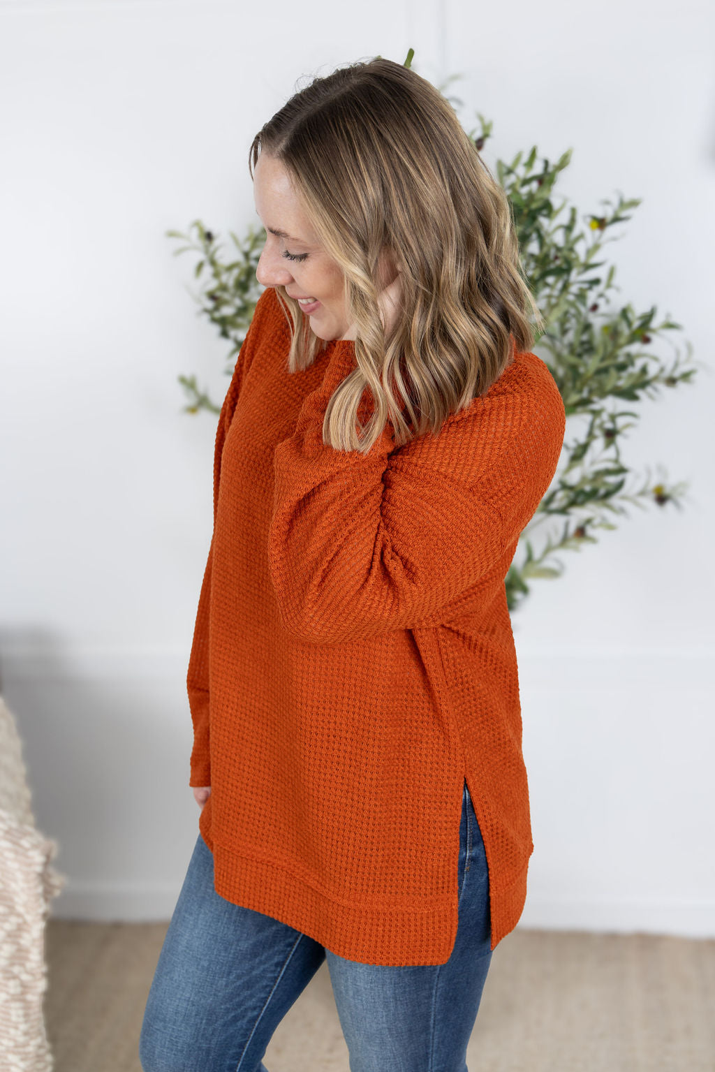 Michelle Mae Waffle Knit Long Sleeve Top - Pumpkin