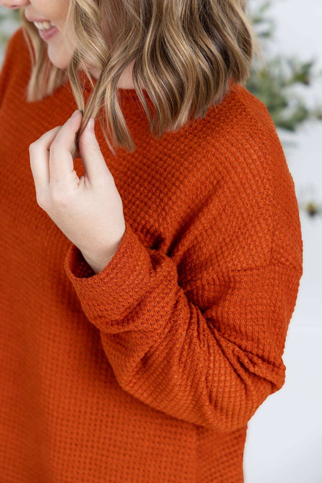 Michelle Mae Waffle Knit Long Sleeve Top - Pumpkin