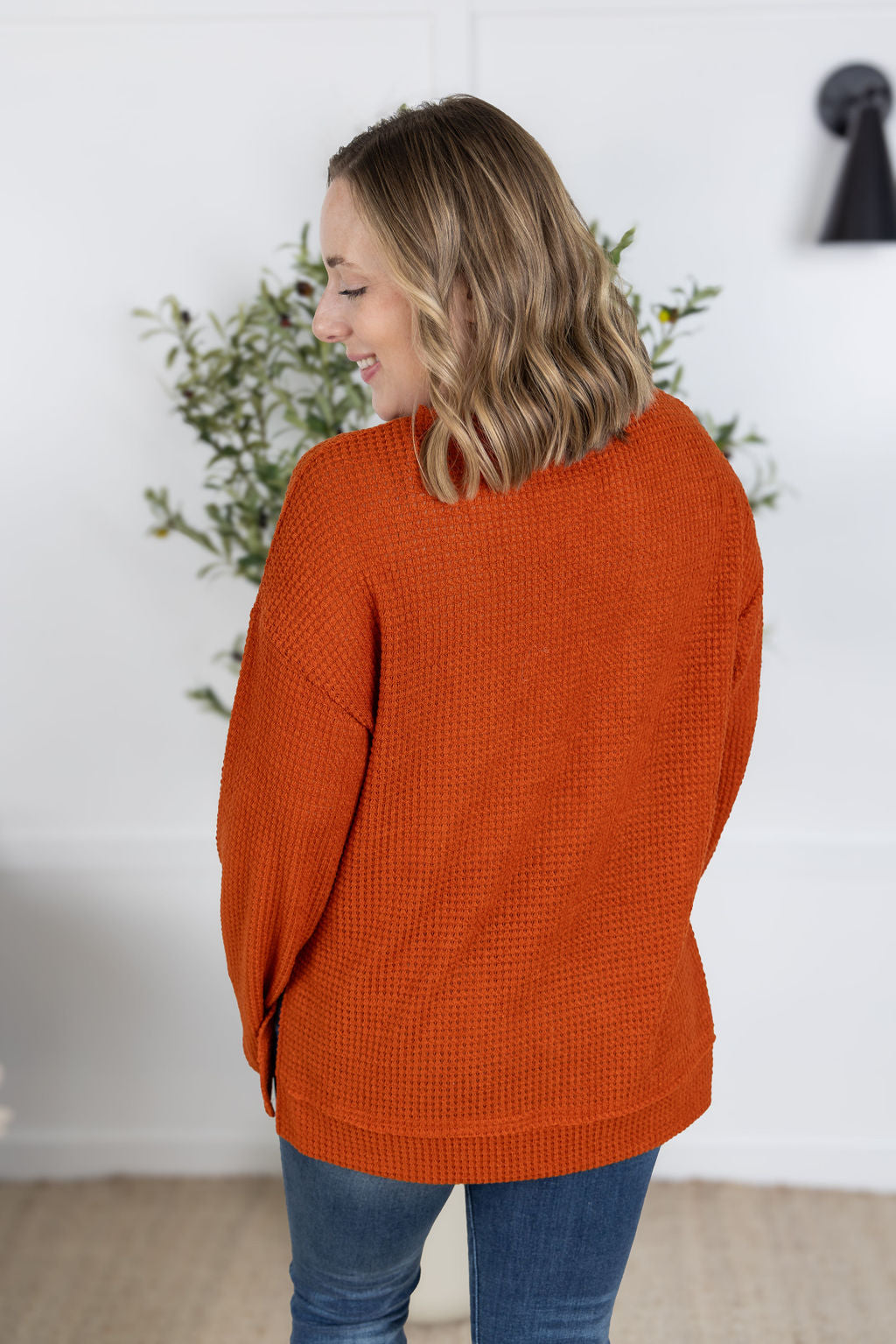 Michelle Mae Waffle Knit Long Sleeve Top - Pumpkin
