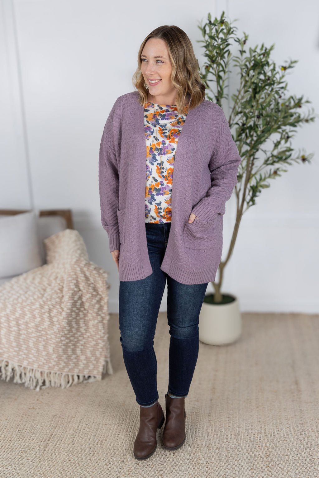Michelle Mae Billie Open Knit Cardigan - Dusty Purple