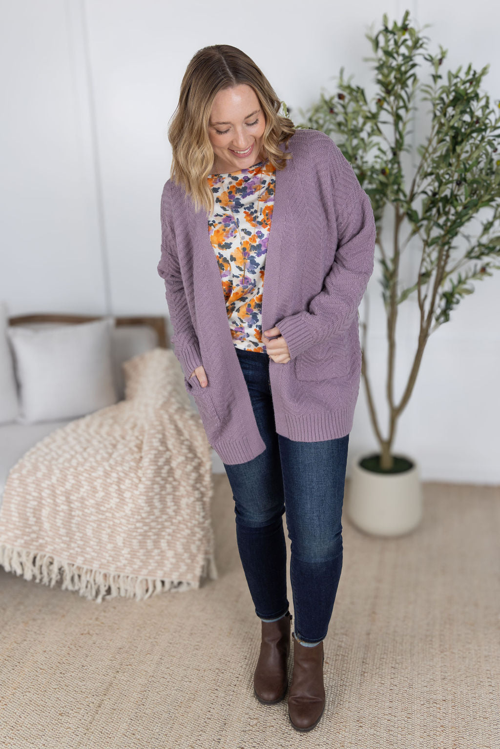 Michelle Mae Billie Open Knit Cardigan - Dusty Purple
