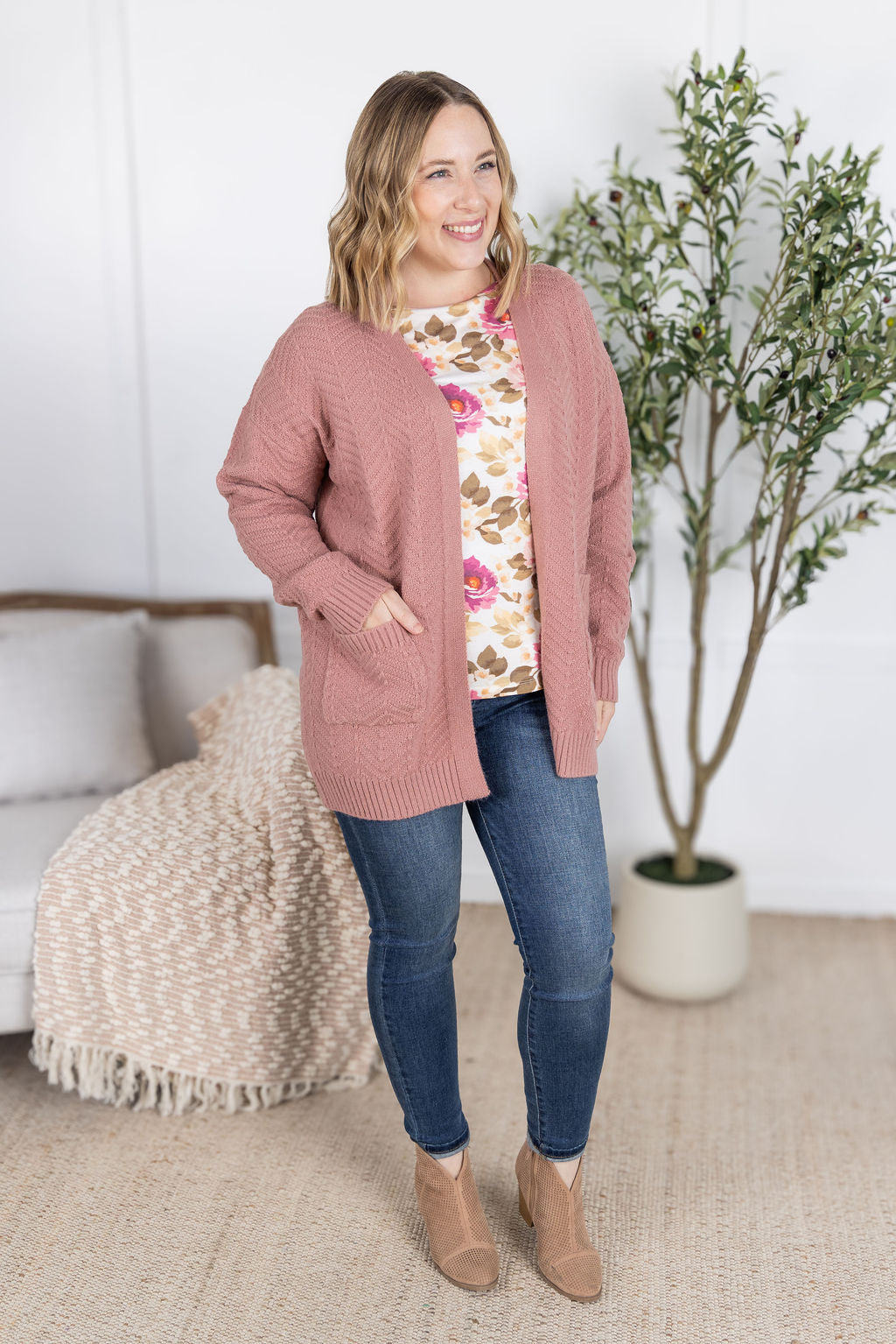 Michelle Mae Billie Open Knit Cardigan - Dusty Rose