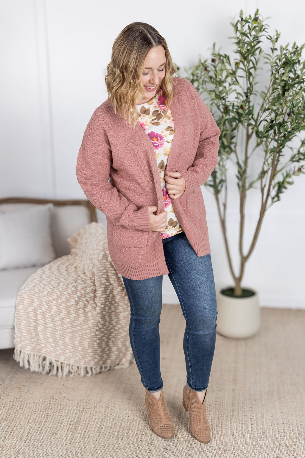Michelle Mae Billie Open Knit Cardigan - Dusty Rose