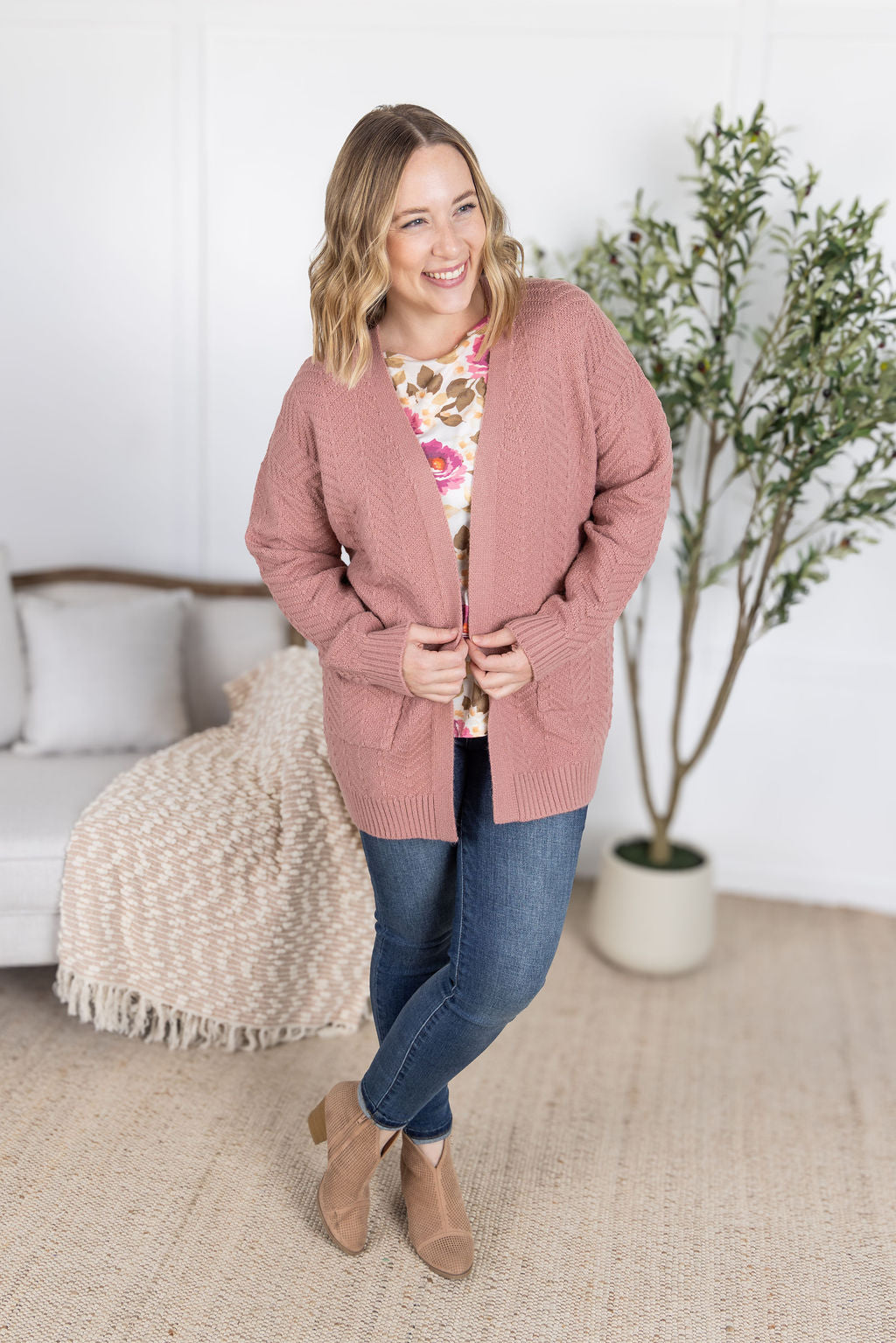 Michelle Mae Billie Open Knit Cardigan - Dusty Rose