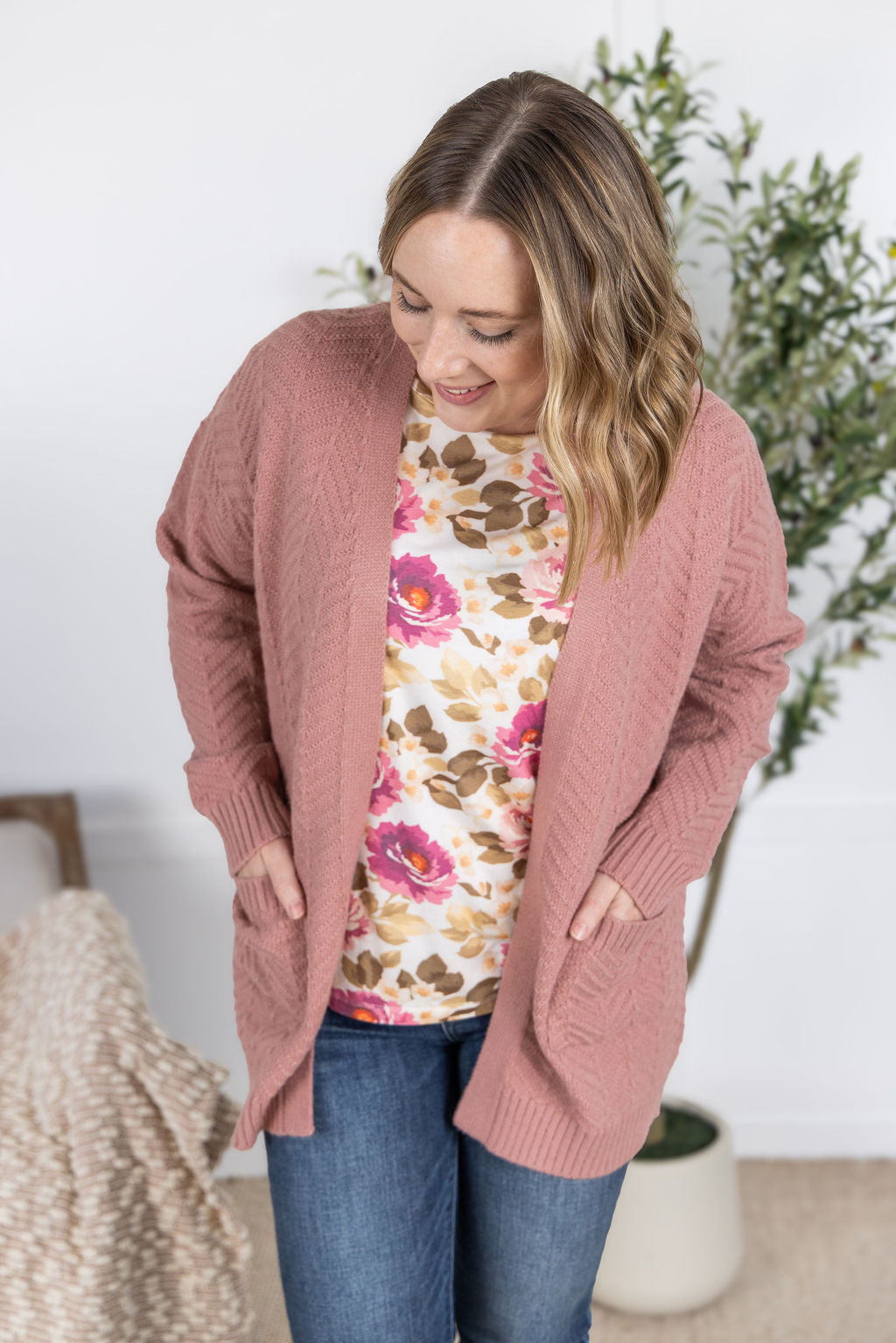 Michelle Mae Billie Open Knit Cardigan - Dusty Rose