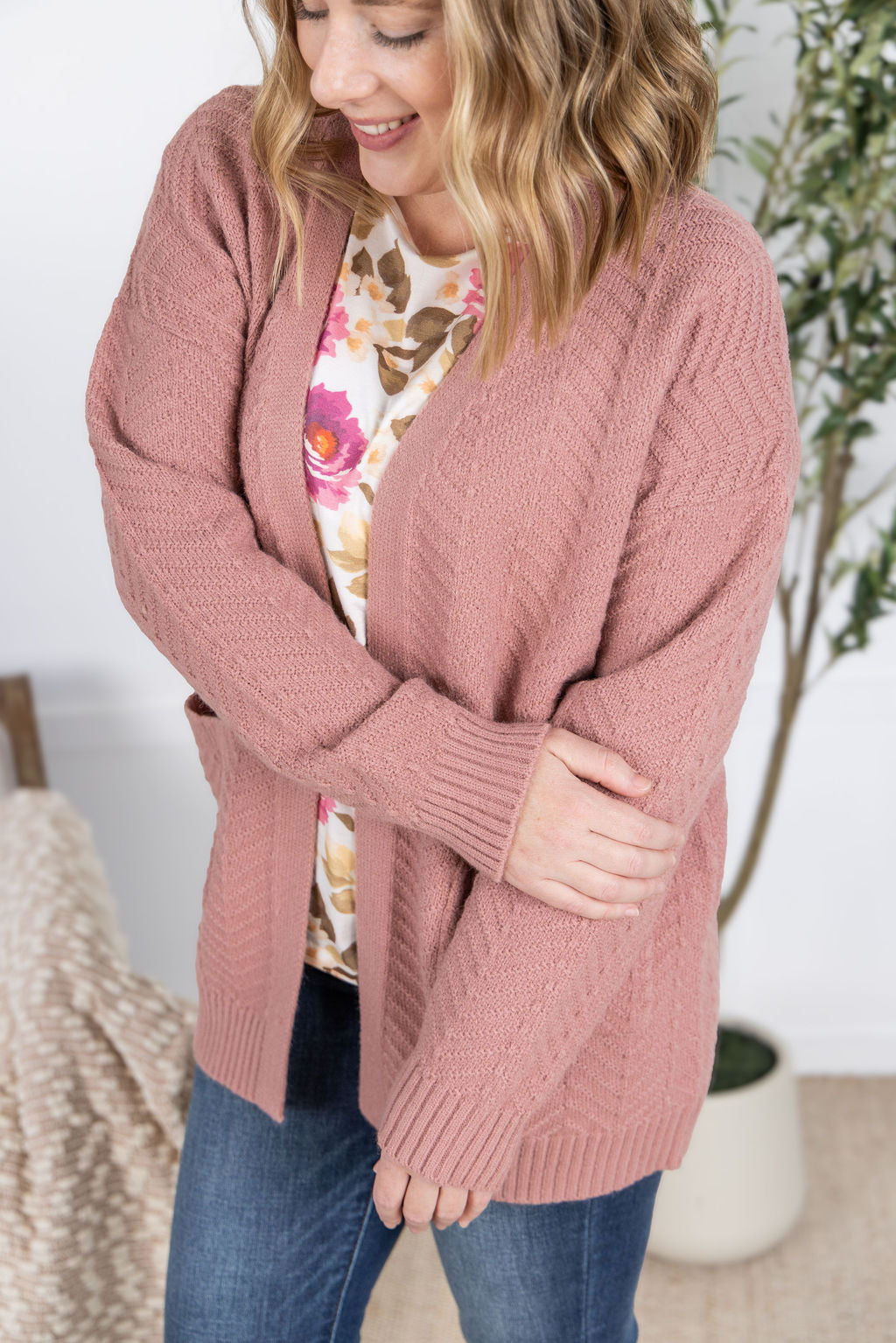 Michelle Mae Billie Open Knit Cardigan - Dusty Rose