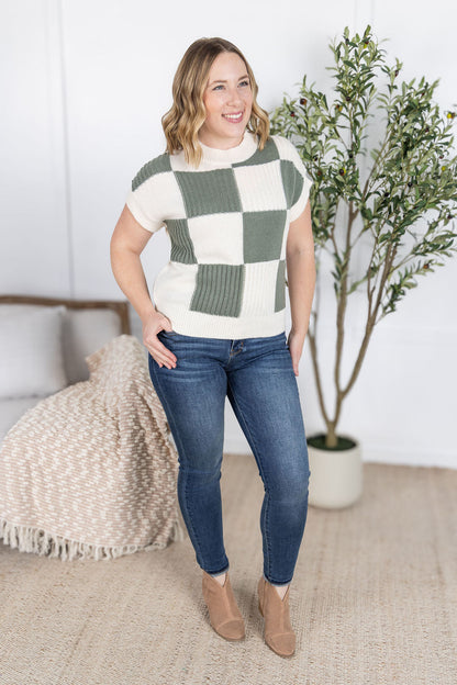 Michelle Mae Checkered Sweater Top - Sage